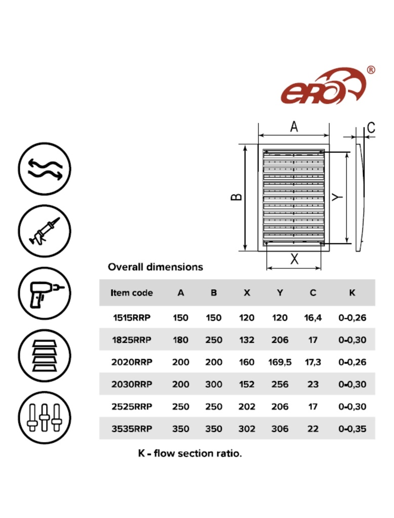 REJILLA DE VENTILACION ABS 20x20 cm CON REGULADOR DE FLUJO - ERA 2020RRP