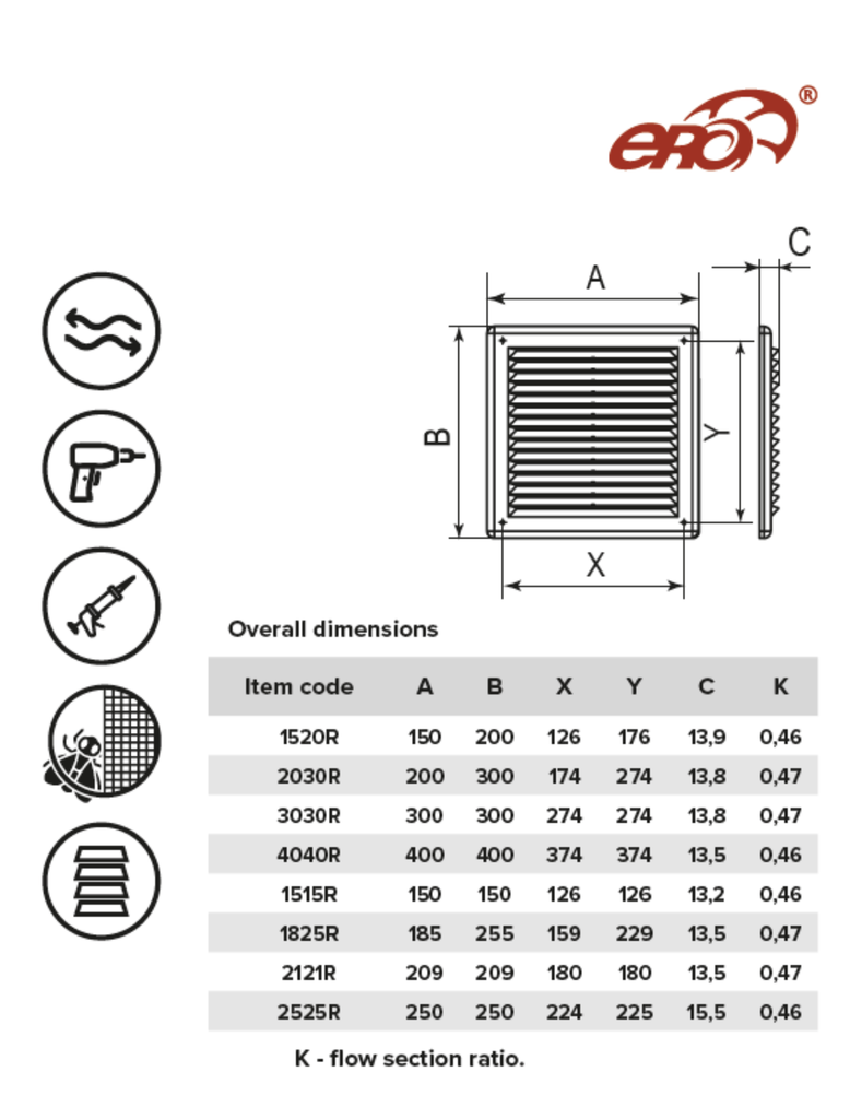 REJILLA DE VENTILACION ABS 25x25 cm + MALLA ANTIMOSQUITO - ERA 2525R