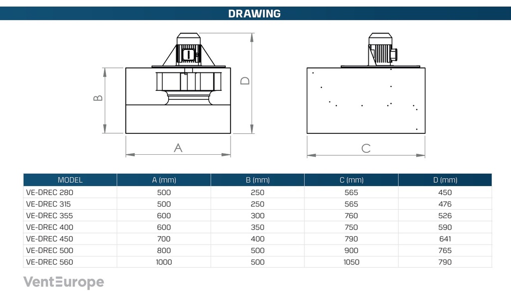 EXTRACTOR CENTRIFUGO EN LINEA RECTANGULAR PARA COCINA DREC-280 - 1100 M3/HR